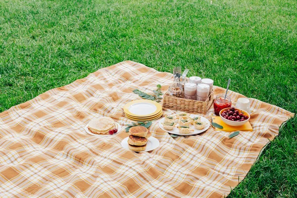 Tatil sırasında çimlerde piknik. Yemek vakti. Farklı gıda ürünleri. Lezzetli iştah açıcı yemek. Plaj ve Dinyeper görünümünü.