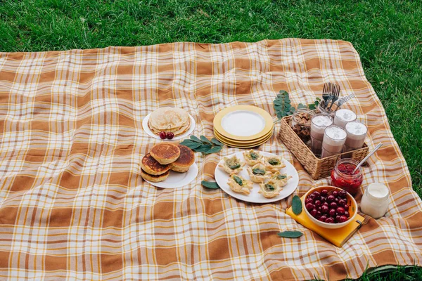 Piknik Trávě Dovolené Čas Večeři Různé Potravinářské Výrobky Vynikající Chutné — Stock fotografie