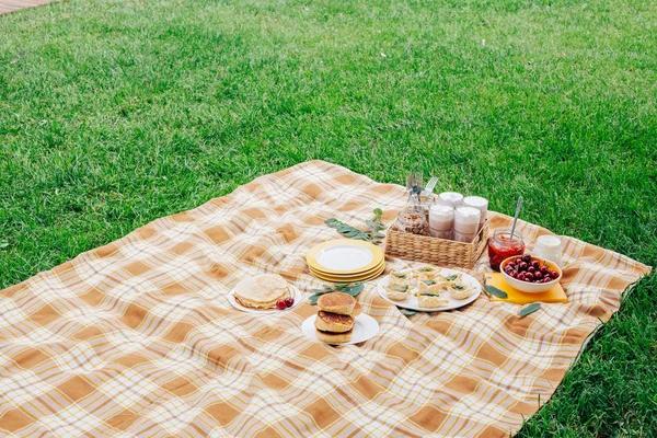 Tatil sırasında çimlerde piknik. Yemek vakti. Farklı gıda ürünleri. Lezzetli iştah açıcı yemek. Plaj ve Dinyeper görünümünü.