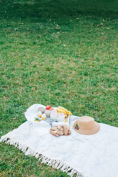 Ranní Piknik Parku Chutné Jídlo Občerstvení Ovoce Piknikový Koš Životní — Stock fotografie