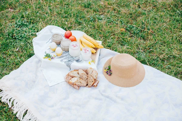 Sabah parkta piknik. Lezzetli yemekler. Aperatifler ve meyve. Piknik sepeti. Hayat tarzları.