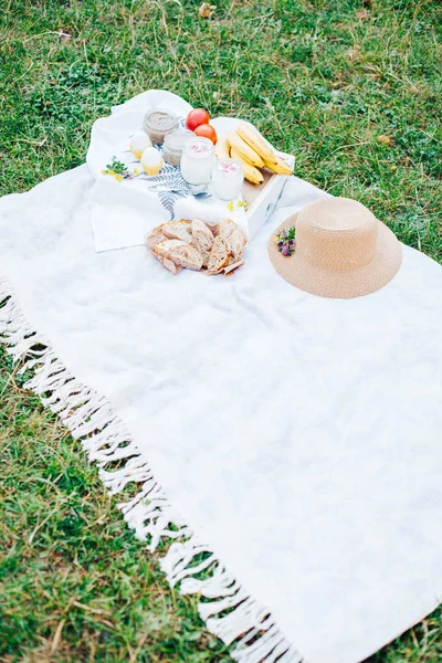 Morning picnic in the park. Tasty food. Snacks and fruits. Picnic basket. Lifestyles.