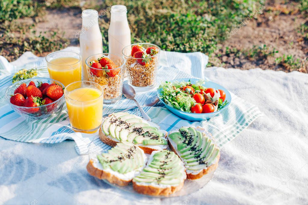 Healthy eating. Dietary breakfast. Picnic in the park.