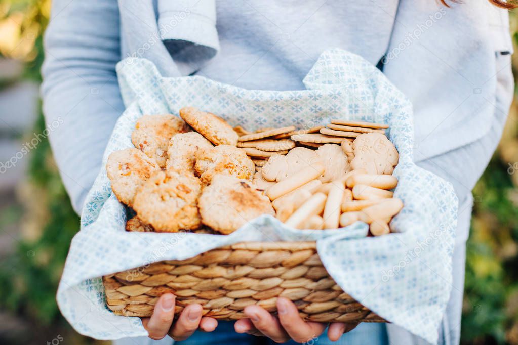 Summer picnic. Basket with food in hands. Sweet desserts.