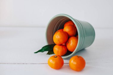 Kış şenlikli kompozisyon kova mandalina ve kopya alanı dolu