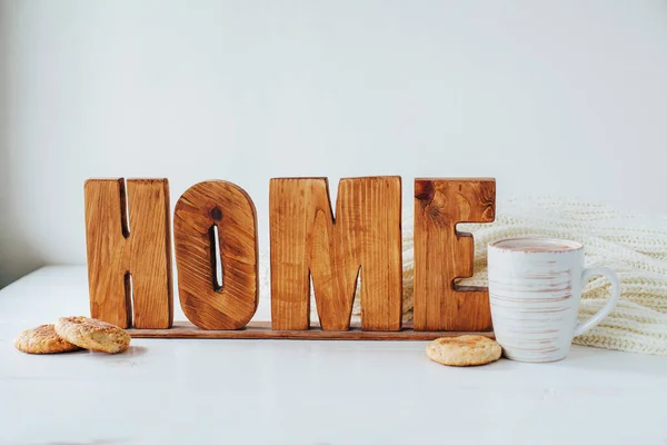 Cocoa Cup Cookies Wooden Home Lettering White Table — Stock Photo, Image