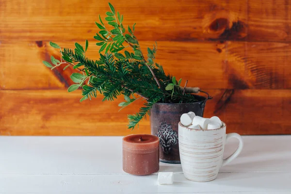 Composition Hivernale Confortable Avec Tasse Pleine Guimauves Décorations Festives — Photo