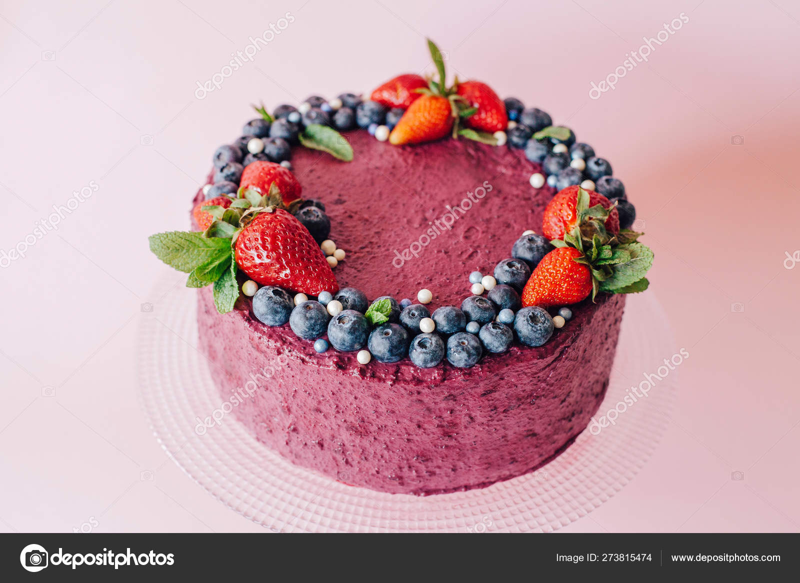 Pink Cake Decoration Sweets Strawberry Blueberry Mint Sweet