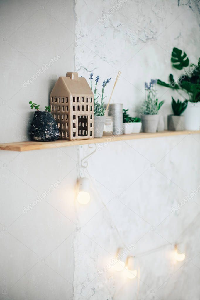 potted plants, house model and garland on wall in room