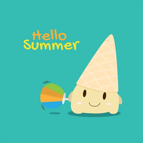 Zmrzlina Kužel Karikatura Držet Barevné Ventilátor Nápisem Hello Summer Pozadí — Stockový vektor