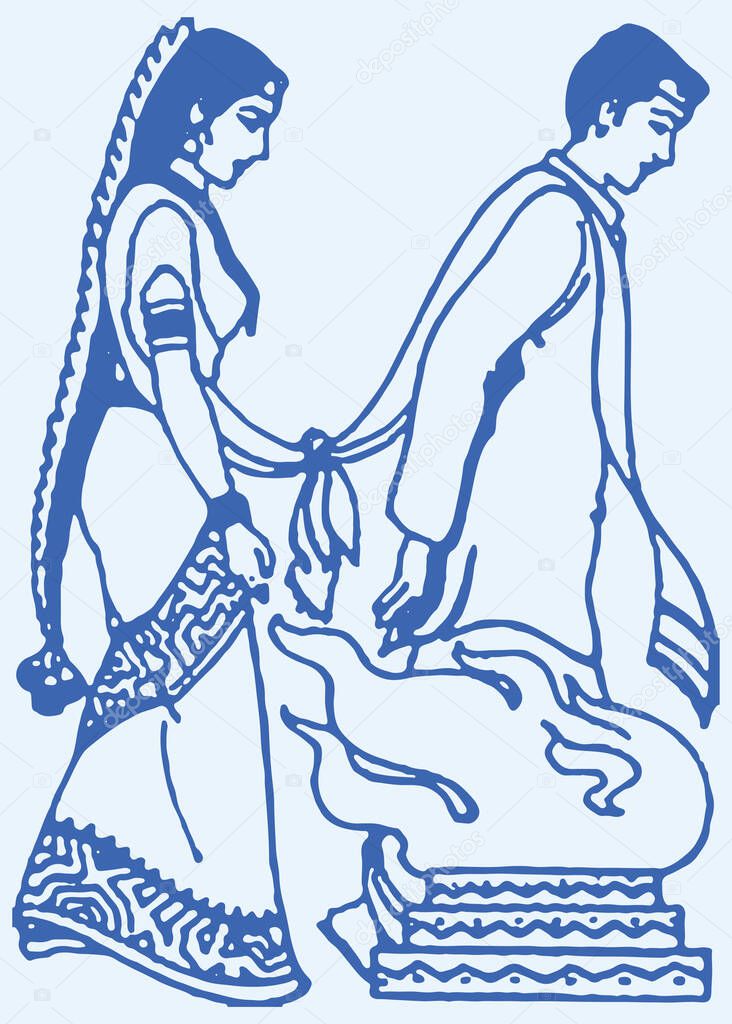 Drawing of Bride and Bridegroom rounding the fire during wedding. Tamil Marriage Rituals of Bride and Bridegroom Wedding Card Design Element