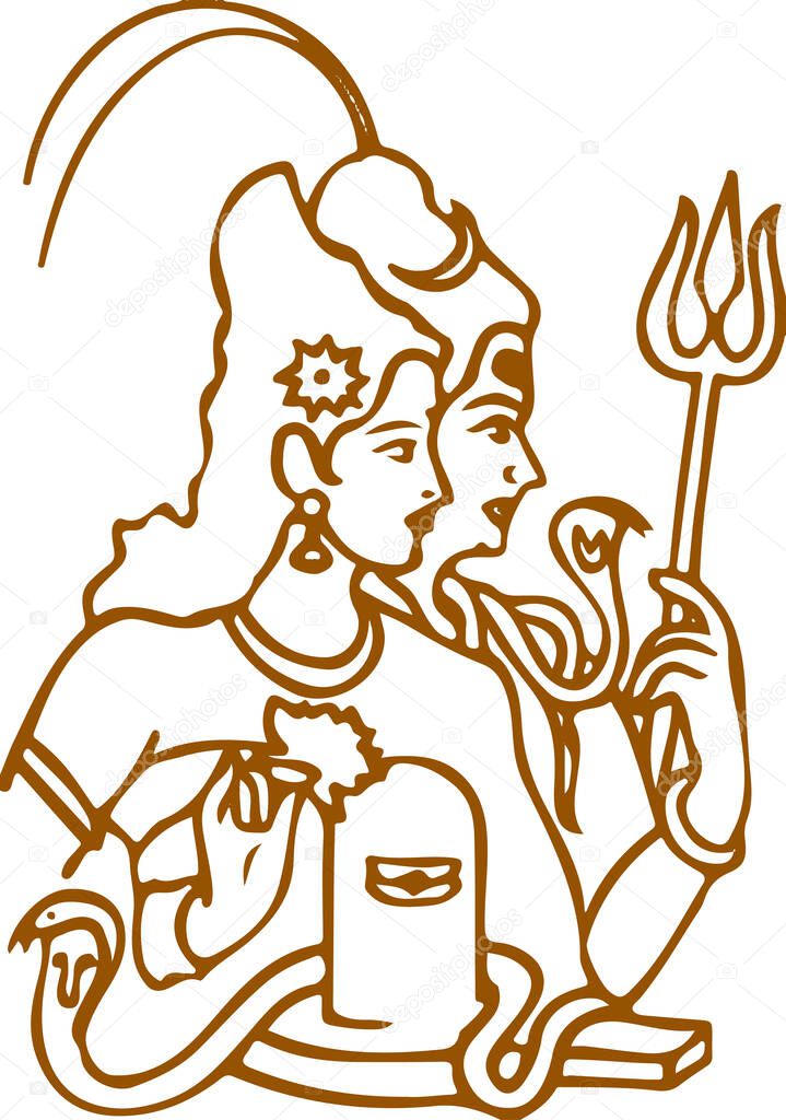 Lord Shiva and Parvati Hindu Wedding Card Design Element. Sketch or Drawing of Shiva Parvati Outline Editable Vector Illustration