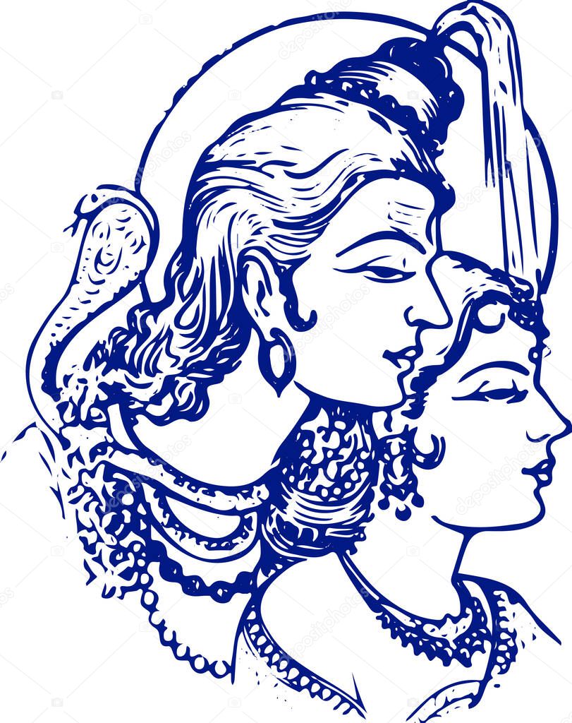 Lord Shiva and Parvati Hindu Wedding Card Design Element. Sketch or Drawing of Shiva Parvati Outline Editable Vector Illustration