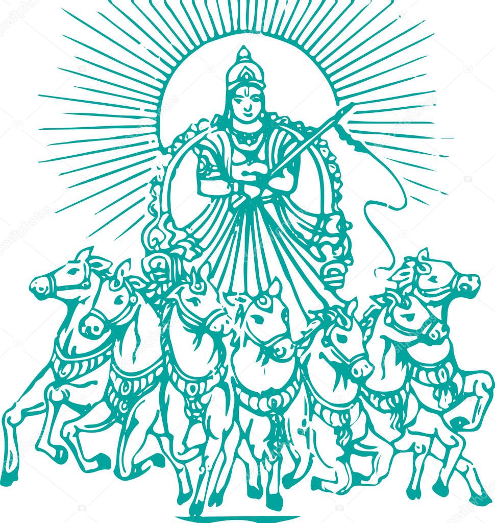 Drawing or Sketch of Lord Surya Riding a Seven Horse Editable Vector outline Illustration