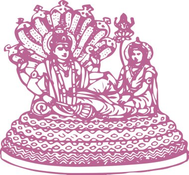 Tanrıça Lakshmi 'nin çizimi ya da çizimi otururken ve Vishnu uyurken düzenlenebilir çizim çizimi