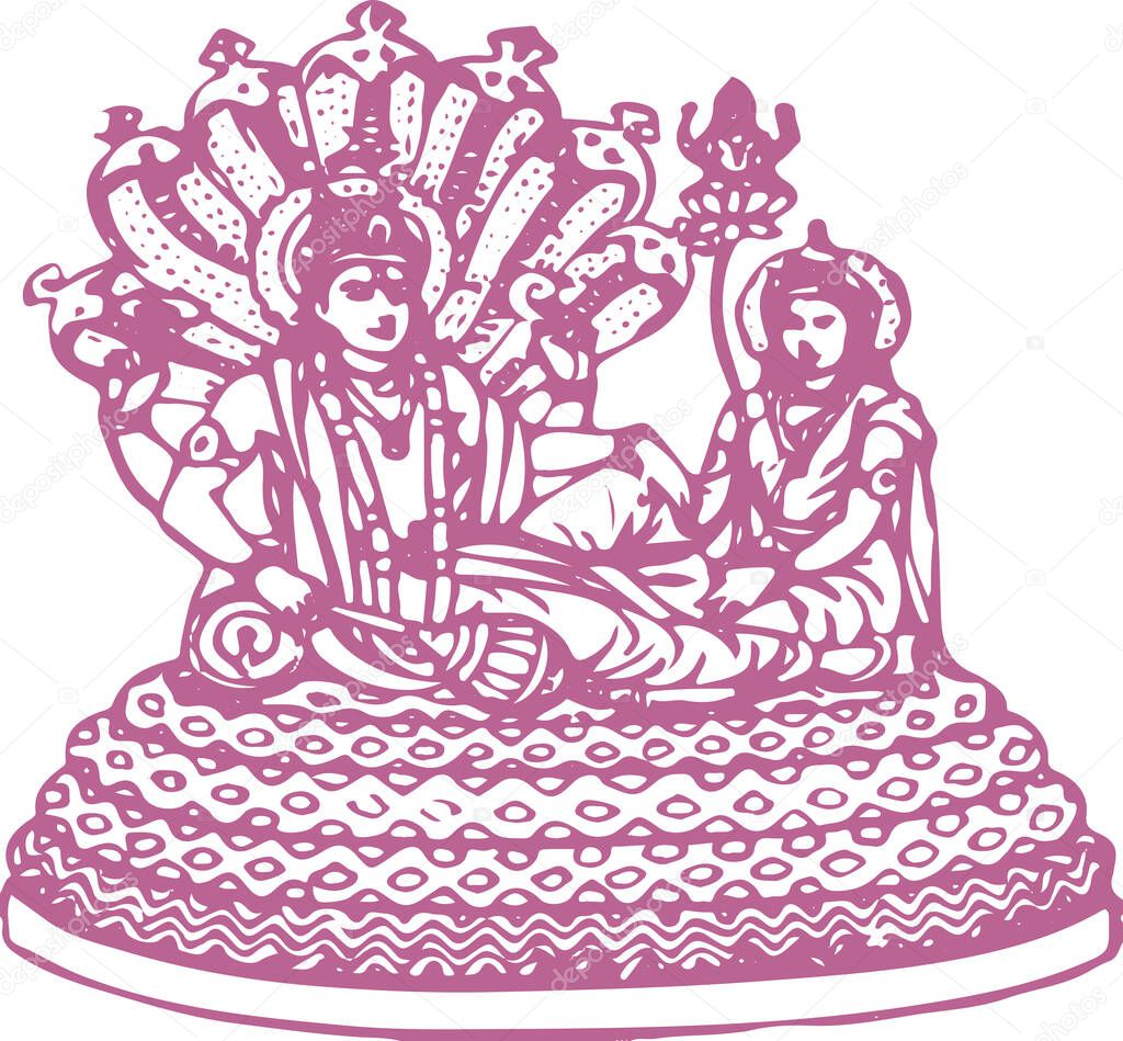 Drawing or Sketch of goddess lakshmi sitting and vishnu sleeping pose editable outline vector illustration