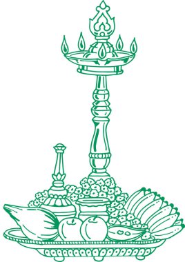 Hindu Düğün Kartı Tasarım Elementi Tasarımı Düzenlenebilir Vektör İllüstrasyonunun Çizimi veya Çizimi. Geleneksel Metal Yağ Lambası, Mangal Sutra, Çelenk, Hindistan Cevizi ve Meyvelerin Hindu Ritüelleri