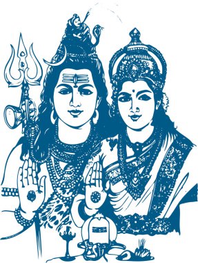 Lord Shiva ve Parvati Hindu düğün kartı tasarım elementi. Shiva Parvati Taslak Düzenlenebilir Vektör Resimlerinin Çizimi veya Çizimi