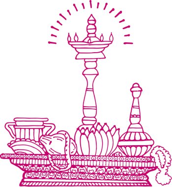 Hindu Düğün Kartı Tasarım Elementi Tasarımı Düzenlenebilir Vektör İllüstrasyonunun Çizimi veya Çizimi. Geleneksel Metal Yağ Lambası, Mangal Sutra, Çelenk, Hindistan Cevizi ve Meyvelerin Hindu Ritüelleri