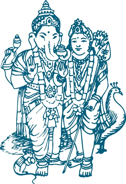 Drawing Sketch Lord Murugan Kartikeya Outline Editable Vector Illustration — 스톡 벡터