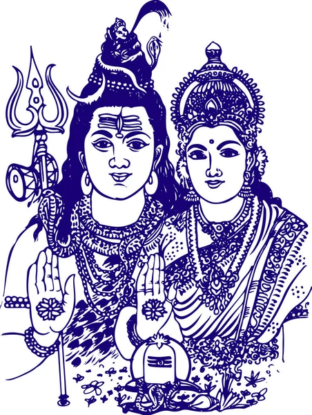 Lord Shiva ve Parvati Hindu düğün kartı tasarım elementi. Shiva Parvati Taslak Düzenlenebilir Vektör Resimlerinin Çizimi veya Çizimi