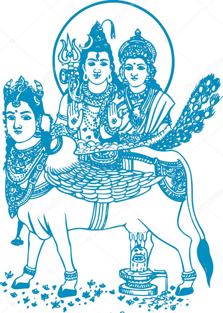 Lord Shiva and Parvati Hindu Wedding Card Design Element. Sketch or Drawing of Shiva Parvati Outline Editable Vector Illustration