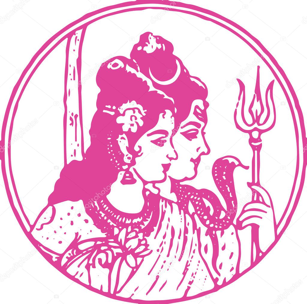 Lord Shiva and Parvati Hindu Wedding Card Design Element. Sketch or Drawing of Shiva Parvati Outline Editable Vector Illustration