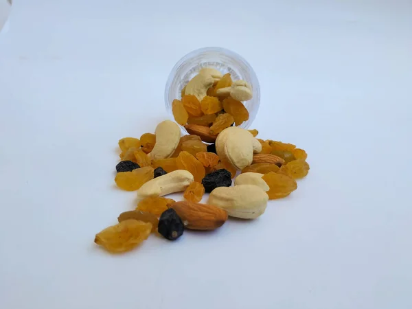 Trail Mix Dry Fruits Nuts Raisin Almond Cashew Scattered Dropped — стокове фото