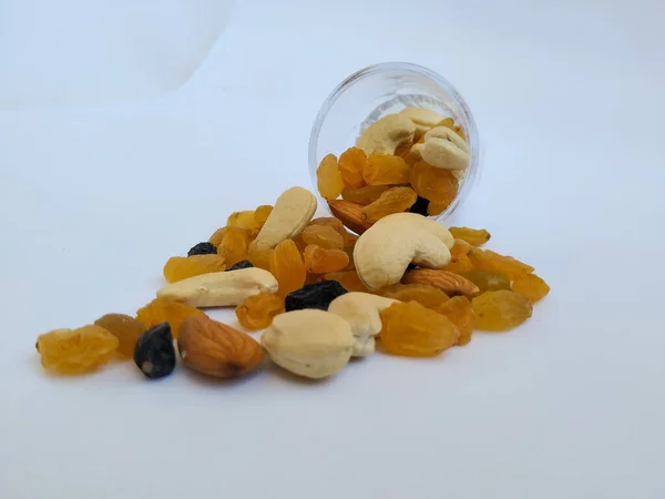 Trail Mix Dry Fruits Nuts Raisin Almond Cashew Scattered Dropped — стокове фото