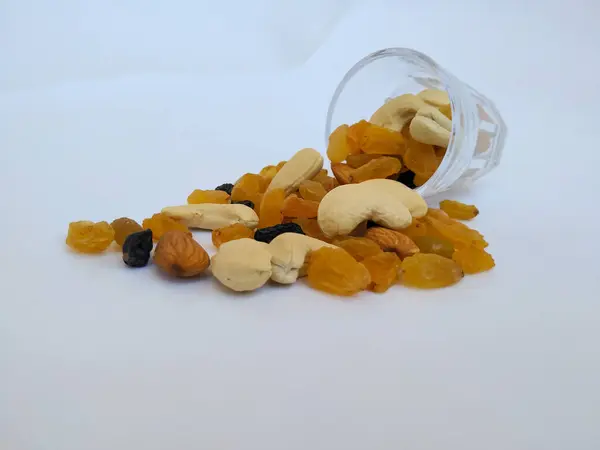 Trail Mix Dry Fruits Nuts Raisin Almond Cashew Scattered Dropped — стокове фото