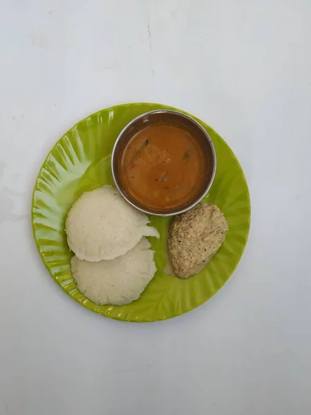 Indian Vegetarian Rice Cakes Breakfast Known Idli Idly Served Sambar — Stock Photo, Image