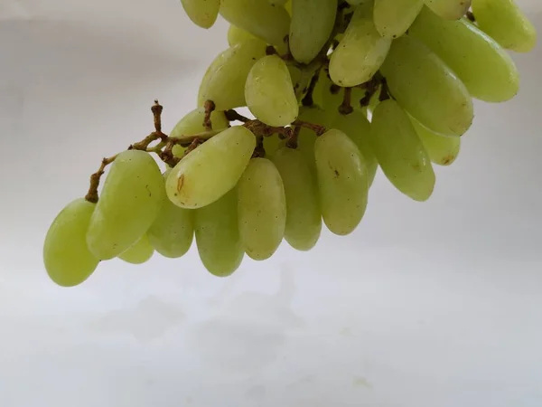 Sluiten Van Groene Druiven Bos Hand Geïsoleerd Witte Achtergrond — Stockfoto