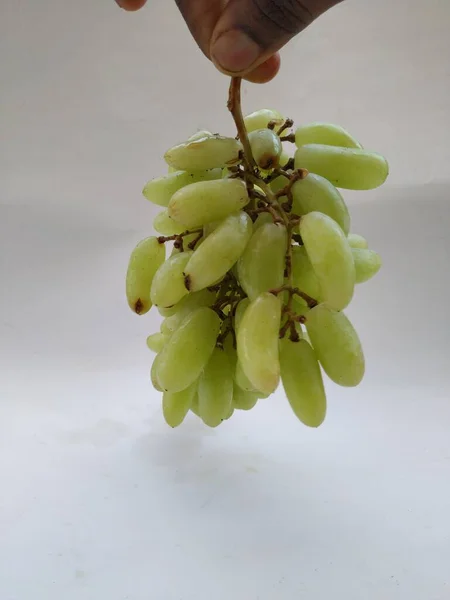 Sluiten Van Groene Druiven Bos Hand Geïsoleerd Witte Achtergrond — Stockfoto