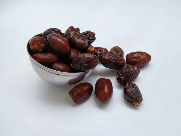 Closeup Raw Dry Dates Brown Color Fruit Steel Bowl Isolated — Stock Photo, Image