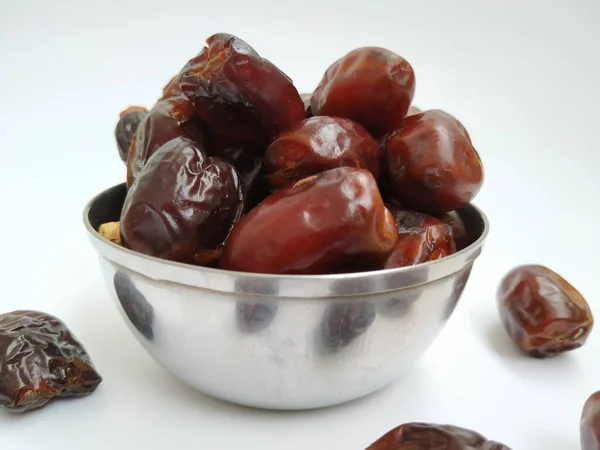 Closeup Raw Dry Dates Brown Color Fruit Steel Bowl Isolated — Stock Photo, Image