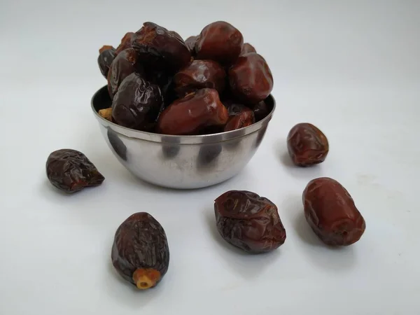 Closeup Raw Dry Dates Brown Color Fruit Steel Bowl Isolated — Stock Photo, Image