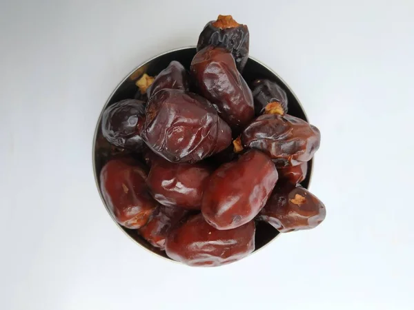 Nahaufnahme Von Raw Dry Dates Brown Color Fruit Einer Stahlschale — Stockfoto