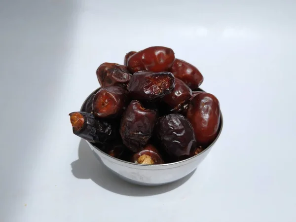 Closeup Raw Dry Dates Brown Color Fruit Steel Bowl Isolated — Stock Photo, Image