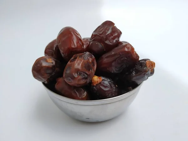 Closeup Raw Dry Dates Brown Color Fruit Steel Bowl Isolated — Stock Photo, Image