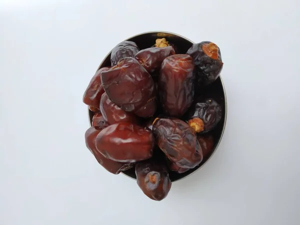 Closeup Raw Dry Dates Brown Color Fruit Steel Bowl Isolated — Stock Photo, Image