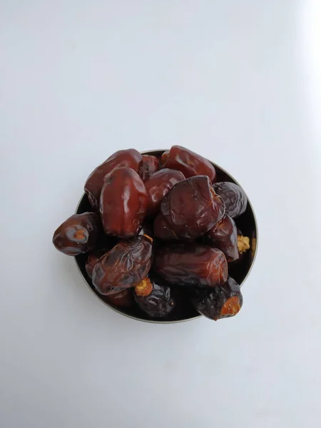 Closeup Raw Dry Dates Brown Color Fruit Steel Bowl Isolated — Stock Photo, Image