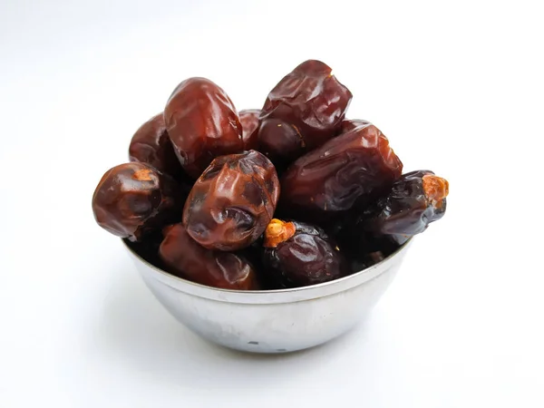 Closeup Raw Dry Dates Brown Color Fruit Steel Bowl Isolated — Stock Photo, Image