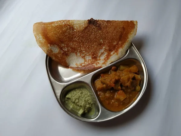 Закриття Індійського Саморобного Сніданку Масала Доса Кокосовим Горіхом Овочевим Саагу — стокове фото