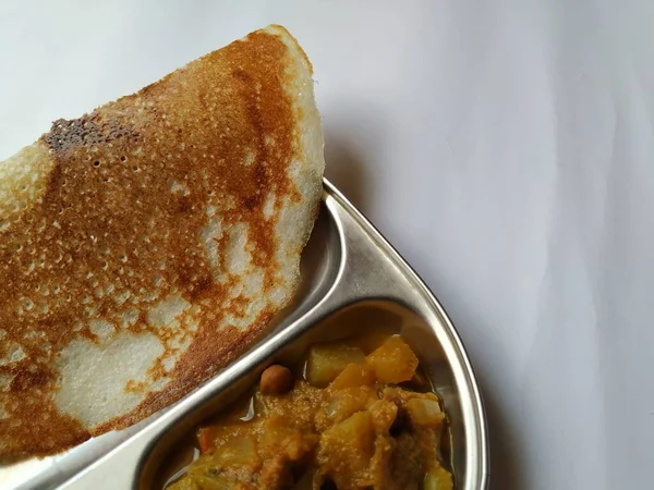 Närbild Indiska Hemlagad Frukost Tasty Masala Dosa Med Kokos Chutney — Stockfoto