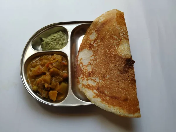 Closeup Indian Homemade Breakfast Tasty Masala Dosa Com Chutney Coco — Fotografia de Stock