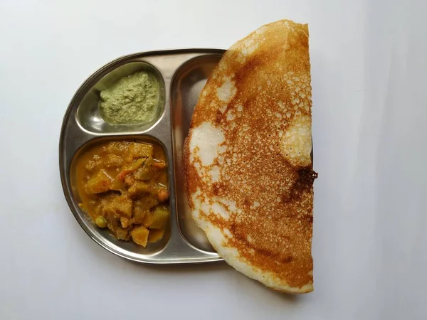 Closeup Van Indiase Zelfgemaakte Ontbijt Lekkere Masala Dosa Met Kokosnoot — Stockfoto