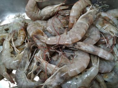 Bir gurup İndian Detaylı Çiğ Karides Dükkanında. Karides dokusu arkaplanının kapatılması