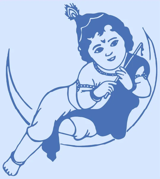 Dibujo Boceto Del Pequeño Krishna Sentado Sobre Luna Bal Krishna — Vector de stock