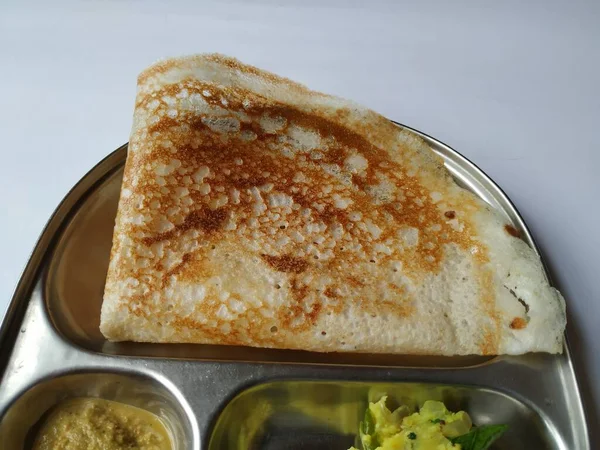 Närbild Indiska Hemlagad Frukost Tasty Masala Dosa Med Kokos Chutney — Stockfoto