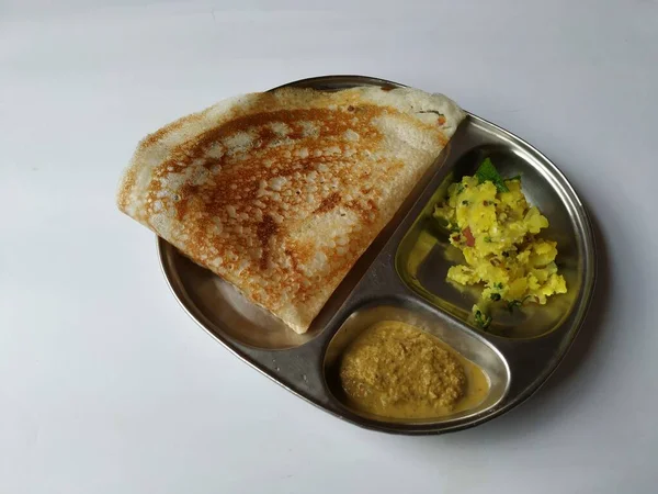 Zbliżenie Indian Homemade Śniadanie Tasty Masala Dosa Kokosowego Chutney Ziemniaka — Zdjęcie stockowe